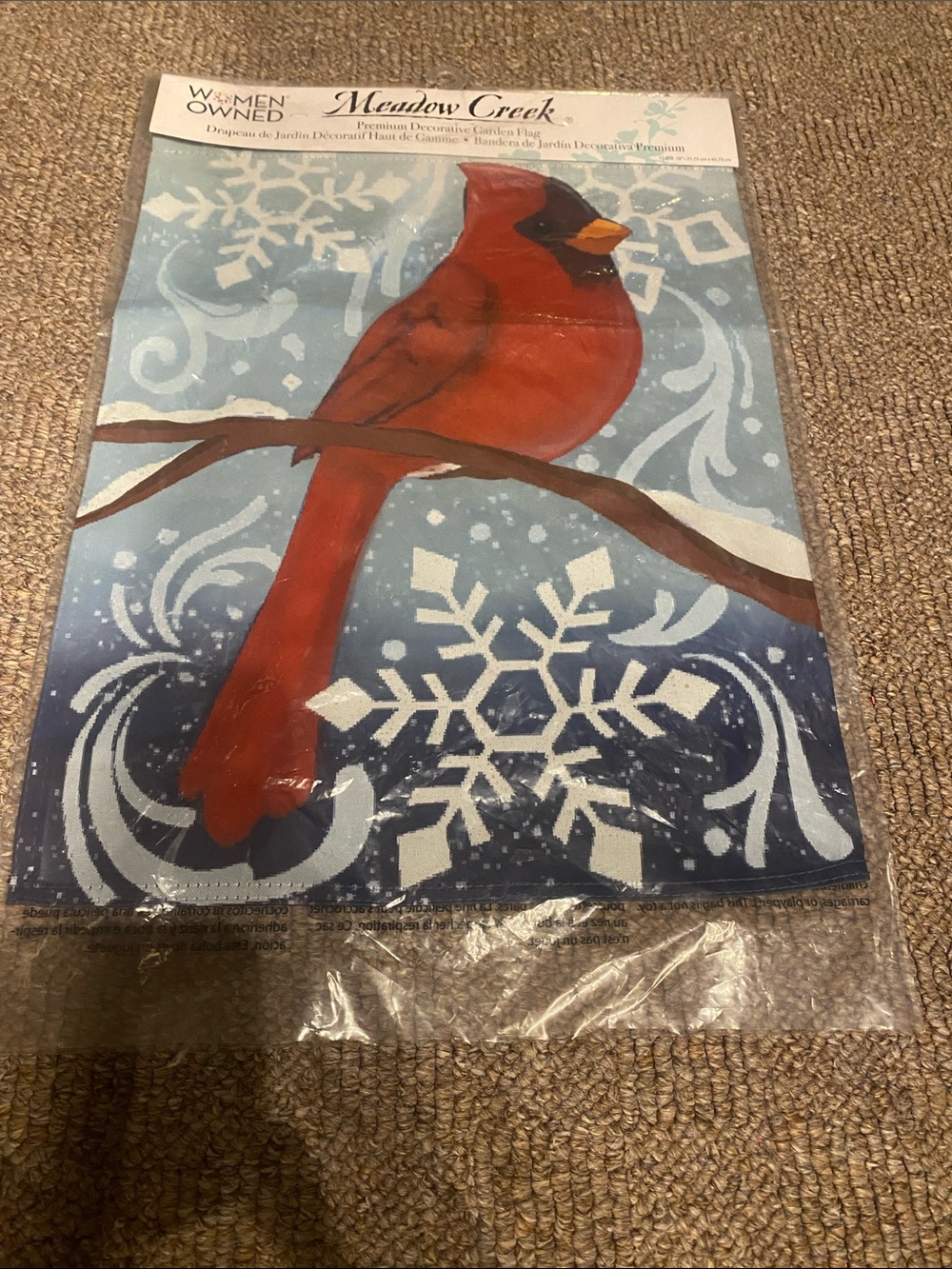 Meadow Creek Cardinal Garden Flag - Red Cardinal on Blue Snowflake Background